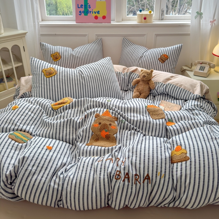 91家纺网 家纺一手货源 找家纺 如意朵 2025新款全棉纯棉提花水洗棉绣花四件套（专版花型） 贪吃卡皮