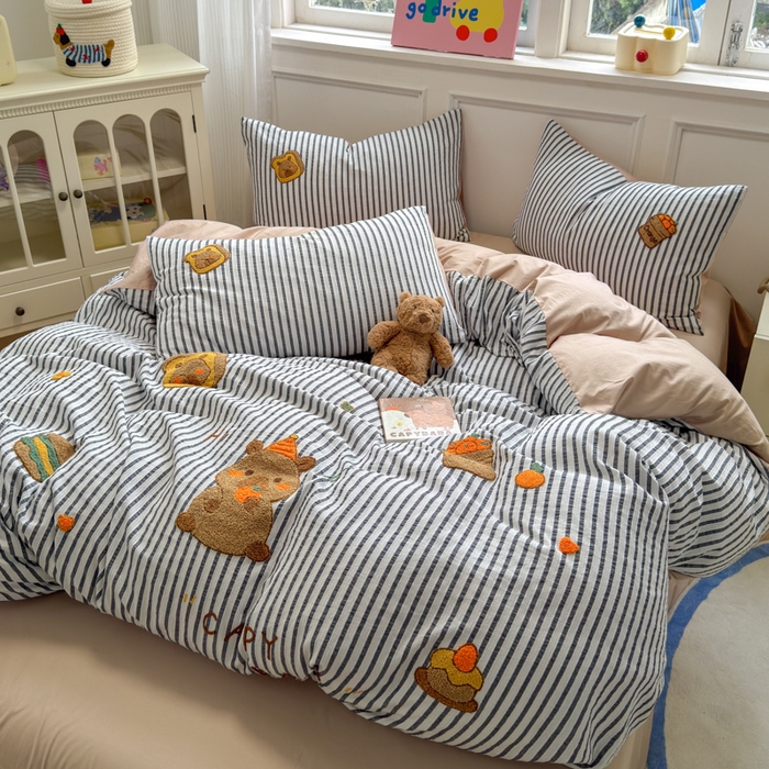 91家纺网 家纺一手货源 找家纺 如意朵 2025新款全棉纯棉提花水洗棉绣花四件套（专版花型） 贪吃卡皮