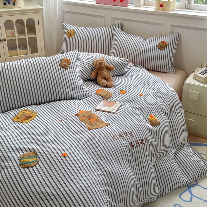 91家纺网 家纺一手货源 找家纺 如意朵 2025新款全棉纯棉提花水洗棉绣花四件套（专版花型） 贪吃卡皮