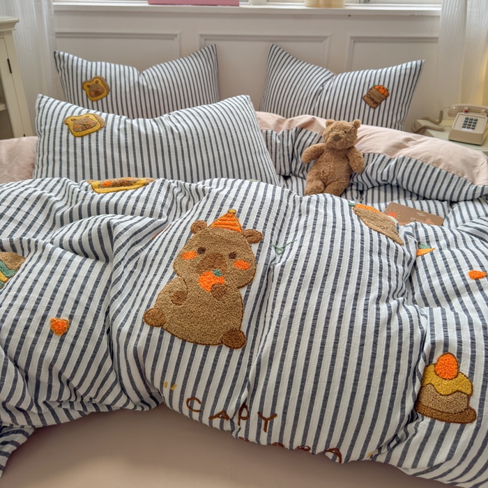 91家纺网 家纺一手货源 找家纺 如意朵 2025新款全棉纯棉提花水洗棉绣花四件套（专版花型） 贪吃卡皮