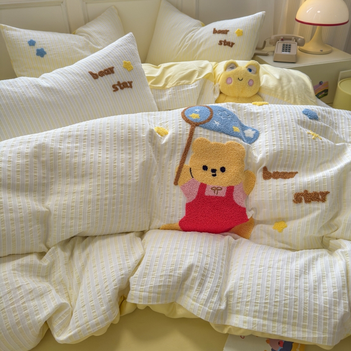 91家纺网 家纺一手货源 找家纺 如意朵 2025新款全棉纯棉提花水洗棉绣花四件套（专版花型） 抓星熊