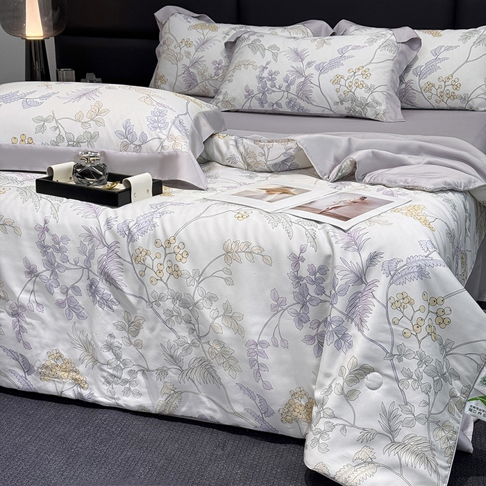 91家纺网 家纺一手货源 找家纺 衿成家纺 2025春夏新款莱赛尔天丝夏被嵌绳款数码印花单夏被夏被四件套 析漫枝