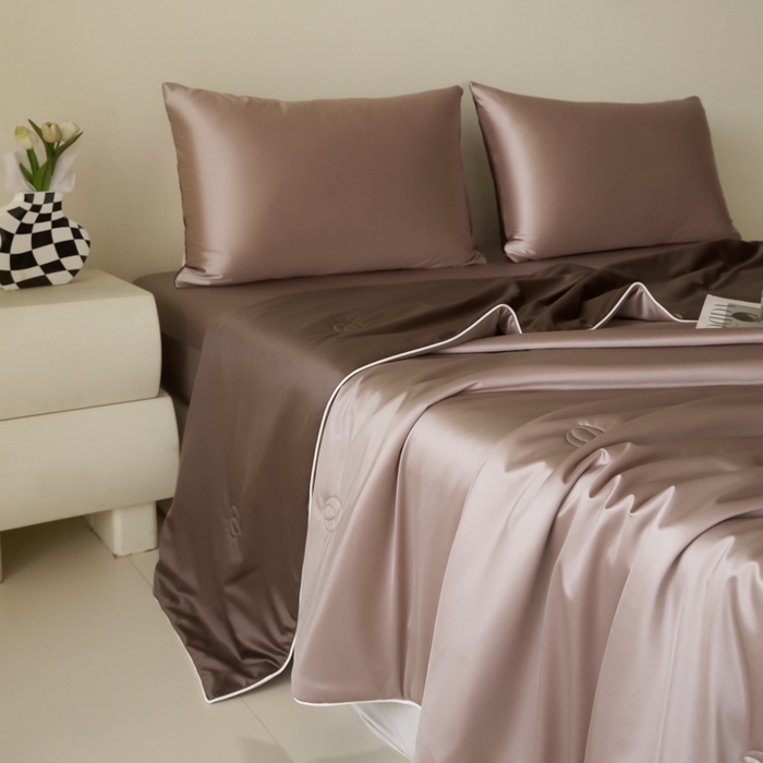 91家纺网 家纺一手货源 找家纺 圣梦莱羽绒家纺 2025春夏新款A类锦氨凉感丝亮丝冰丝绸夏凉被亲肤丝绸被芯 浓郁卡布奇诺