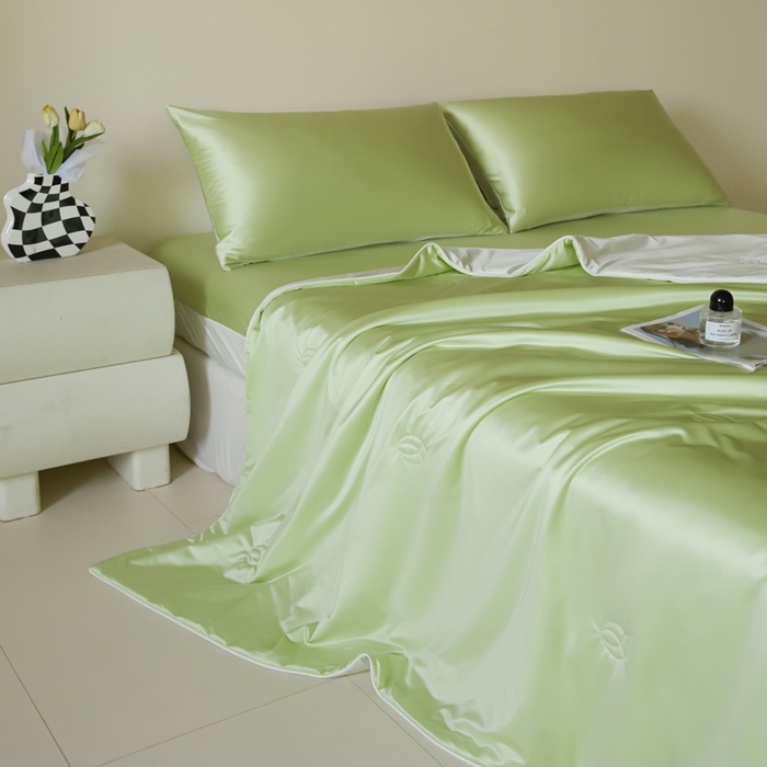 91家纺网 家纺一手货源 找家纺 圣梦莱羽绒家纺 2025春夏新款A类锦氨凉感丝亮丝冰丝绸夏凉被亲肤丝绸被芯 薄荷青柠檬