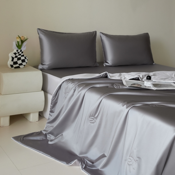 91家纺网 家纺一手货源 找家纺 圣梦莱羽绒家纺 2025春夏新款A类锦氨凉感丝亮丝冰丝绸夏凉被亲肤丝绸被芯 轻奢银烛台