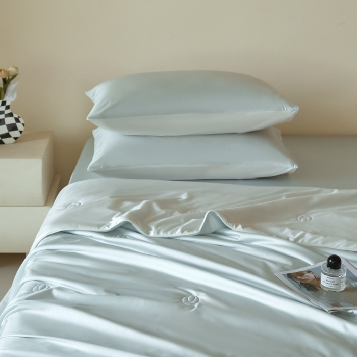 91家纺网 家纺一手货源 找家纺 圣梦莱羽绒家纺 2025春夏新款A类锦氨凉感丝亮丝冰丝绸夏凉被亲肤丝绸被芯 海盐天空蓝