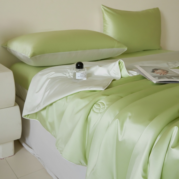 91家纺网 家纺一手货源 找家纺 圣梦莱羽绒家纺 2025春夏新款A类锦氨凉感丝亮丝冰丝绸夏凉被亲肤丝绸被芯 薄荷青柠檬