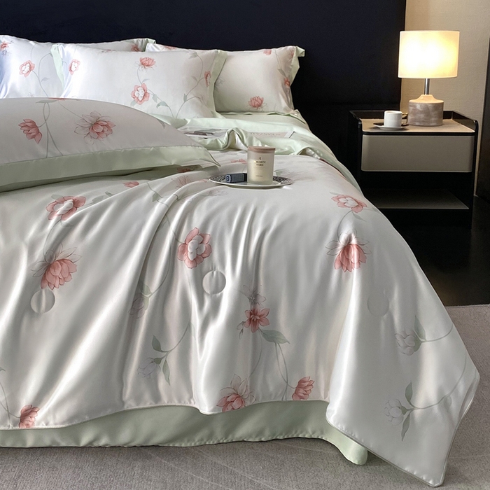 91家纺网 家纺一手货源 找家纺 优悦生活馆 2025新款顺滑冰丝夏被四件套-轻梦轻语 轻语-绿