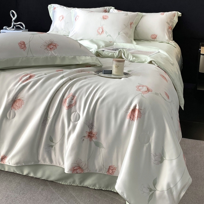 91家纺网 家纺一手货源 找家纺 优悦生活馆 2025新款顺滑冰丝夏被四件套-轻梦轻语 轻语-绿