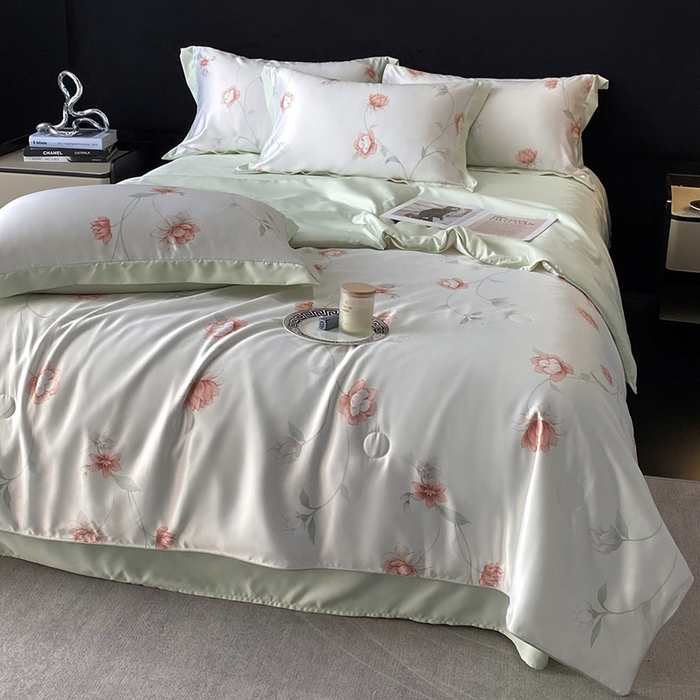 91家纺网 家纺一手货源 找家纺 优悦生活馆 2025新款顺滑冰丝夏被四件套-轻梦轻语 轻语-绿