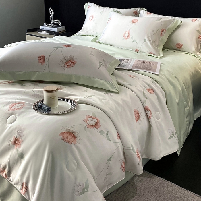 91家纺网 家纺一手货源 找家纺 优悦生活馆 2025新款顺滑冰丝夏被四件套-轻梦轻语 轻语-绿