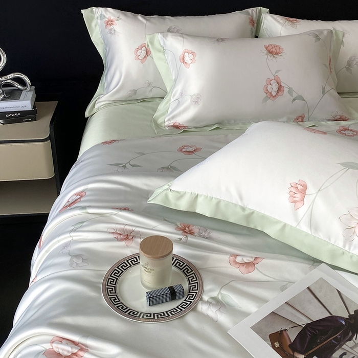 91家纺网 家纺一手货源 找家纺 优悦生活馆 2025新款顺滑冰丝夏被四件套-轻梦轻语 轻语-绿