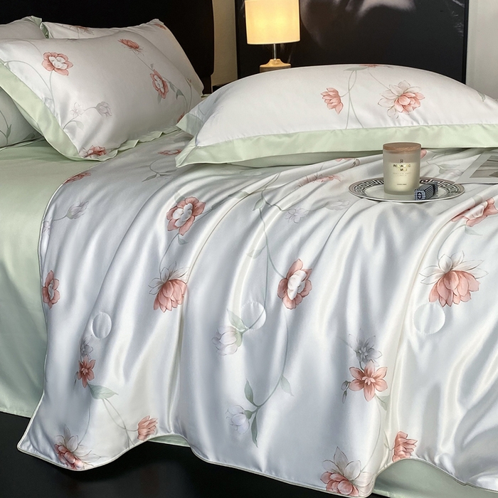 91家纺网 家纺一手货源 找家纺 优悦生活馆 2025新款顺滑冰丝夏被四件套-轻梦轻语 轻语-绿