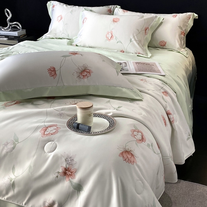 91家纺网 家纺一手货源 找家纺 优悦生活馆 2025新款顺滑冰丝夏被四件套-轻梦轻语 轻语-绿