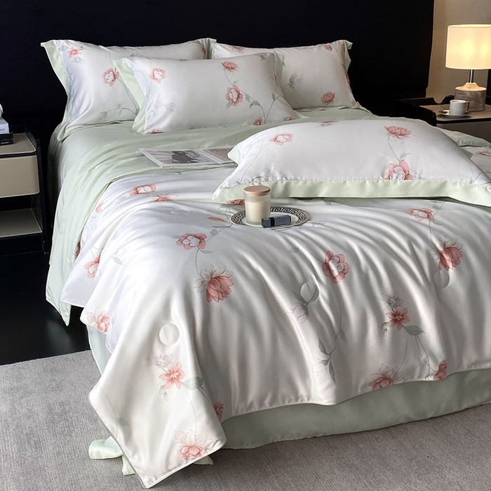 91家纺网 家纺一手货源 找家纺 优悦生活馆 2025新款顺滑冰丝夏被四件套-轻梦轻语 轻语-绿