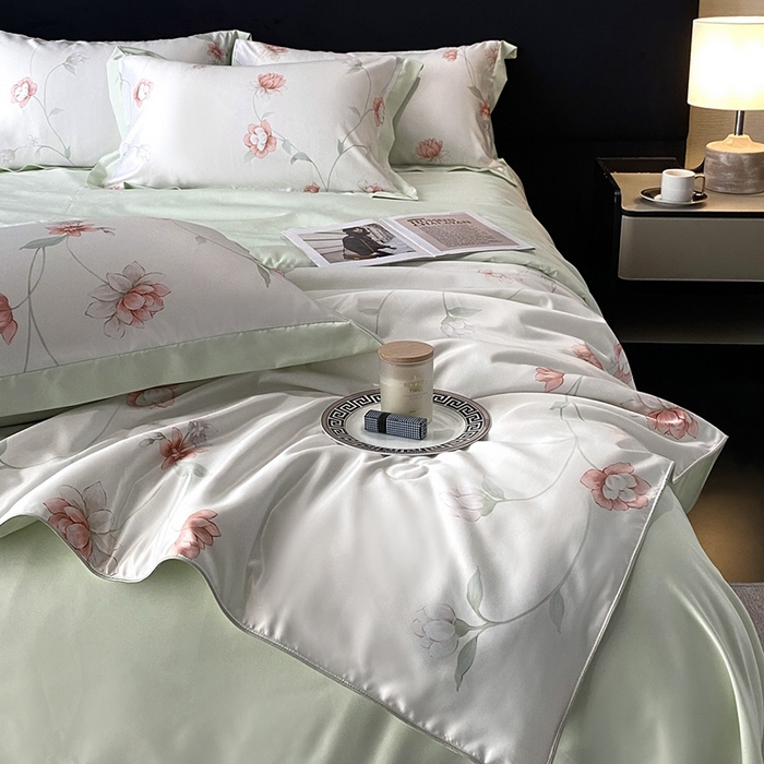 91家纺网 家纺一手货源 找家纺 优悦生活馆 2025新款顺滑冰丝夏被四件套-轻梦轻语 轻语-绿