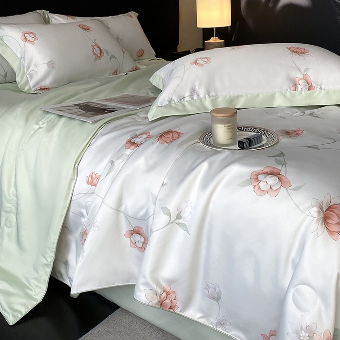 91家纺网 家纺一手货源 找家纺 优悦生活馆 2025新款顺滑冰丝夏被四件套-轻梦轻语 轻语-绿