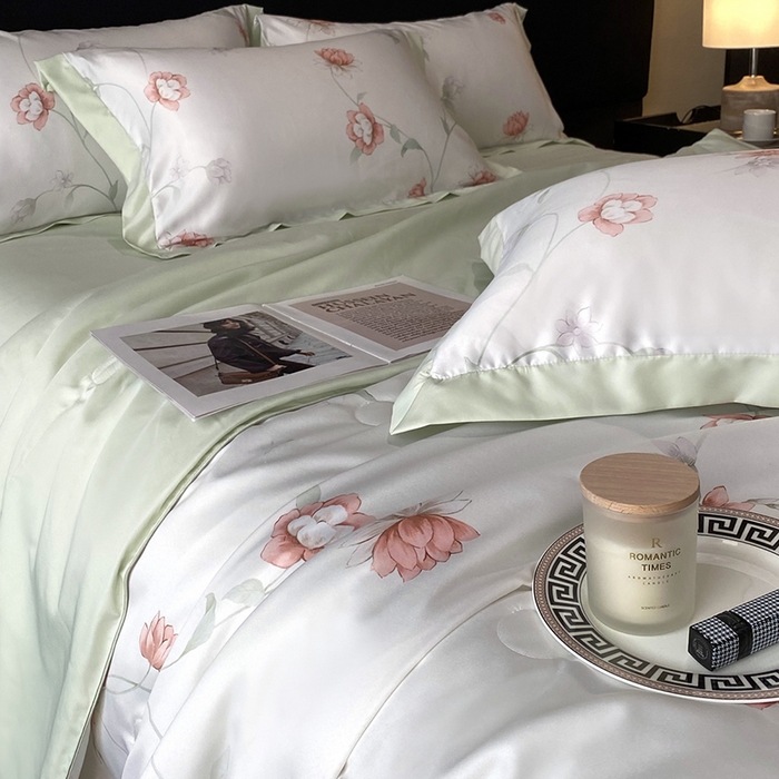 91家纺网 家纺一手货源 找家纺 优悦生活馆 2025新款顺滑冰丝夏被四件套-轻梦轻语 轻语-绿