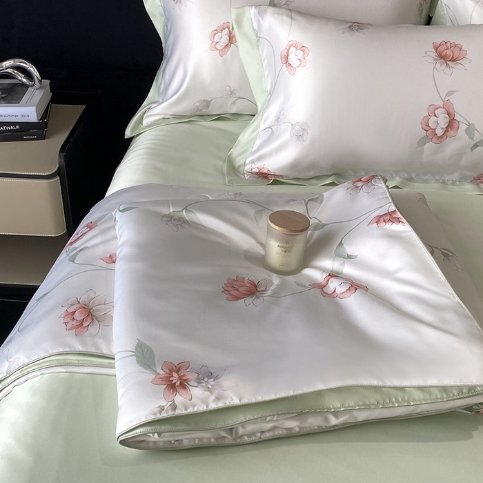 91家纺网 家纺一手货源 找家纺 优悦生活馆 2025新款顺滑冰丝夏被四件套-轻梦轻语 轻语-绿