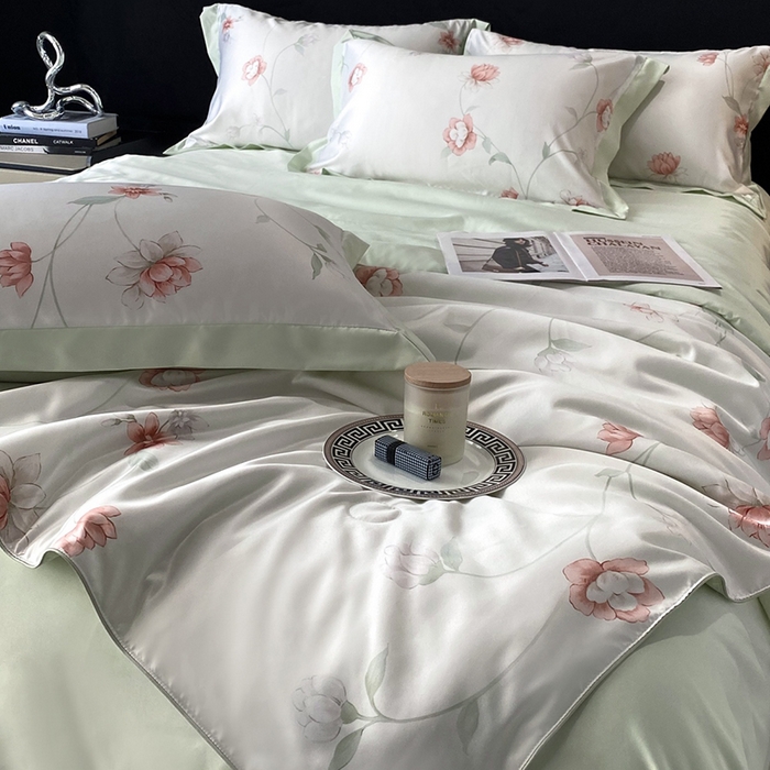 91家纺网 家纺一手货源 找家纺 优悦生活馆 2025新款顺滑冰丝夏被四件套-轻梦轻语 轻语-绿