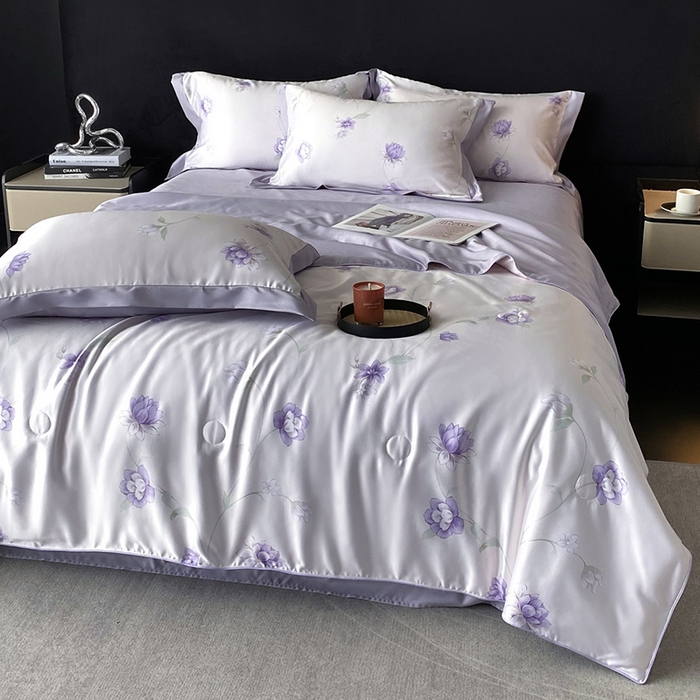 91家纺网 家纺一手货源 找家纺 优悦生活馆 2025新款顺滑冰丝夏被四件套-轻梦轻语 轻语-紫