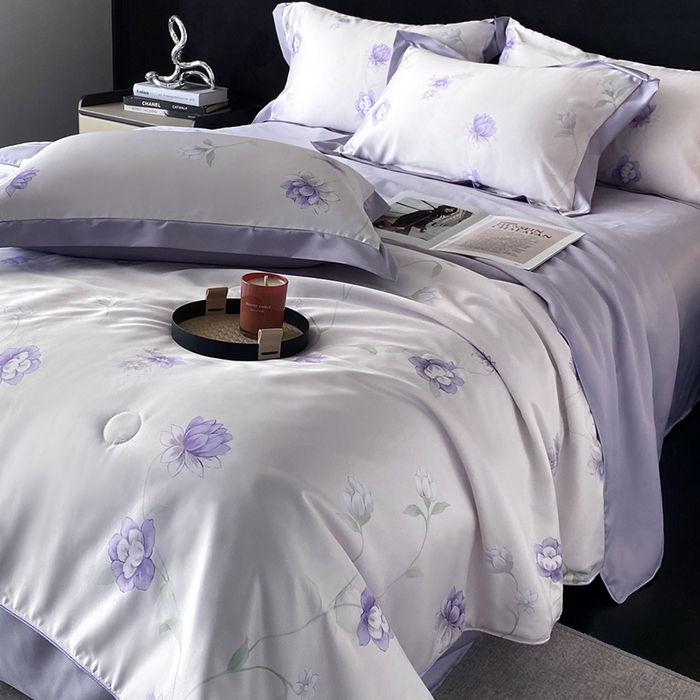 91家纺网 家纺一手货源 找家纺 优悦生活馆 2025新款顺滑冰丝夏被四件套-轻梦轻语 轻语-紫