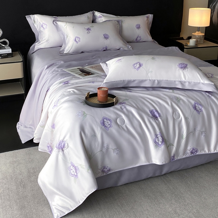 91家纺网 家纺一手货源 找家纺 优悦生活馆 2025新款顺滑冰丝夏被四件套-轻梦轻语 轻语-紫