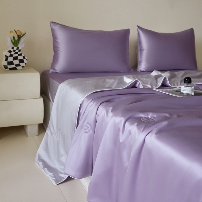 91家纺网 家纺一手货源 找家纺 圣梦莱羽绒家纺 2025春夏新款A类锦氨凉感丝亮丝冰丝绸夏凉被亲肤丝绸被芯 梦幻紫藤