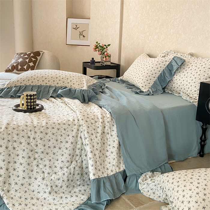 91家纺网 家纺一手货源 找家纺 2025新款全棉双层纱多功能夏被四件套 繁花遍地