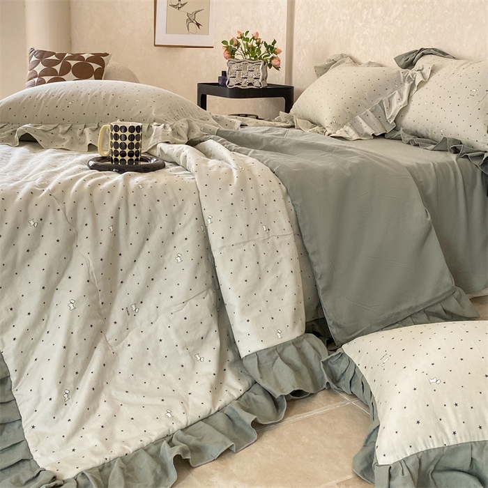 91家纺网 家纺一手货源 找家纺 2025新款全棉双层纱多功能夏被四件套 行星狗