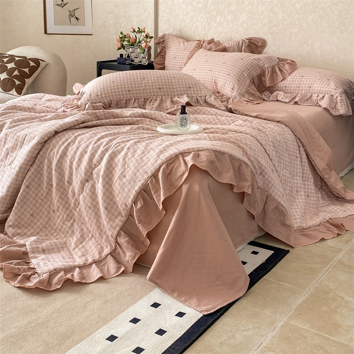 91家纺网 家纺一手货源 找家纺 2025新款全棉双层纱多功能夏被四件套 蝴蝶结