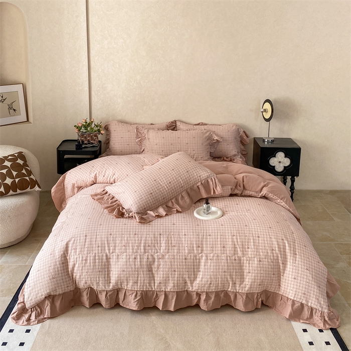 91家纺网 家纺一手货源 找家纺 2025新款全棉双层纱多功能夏被四件套 蝴蝶结