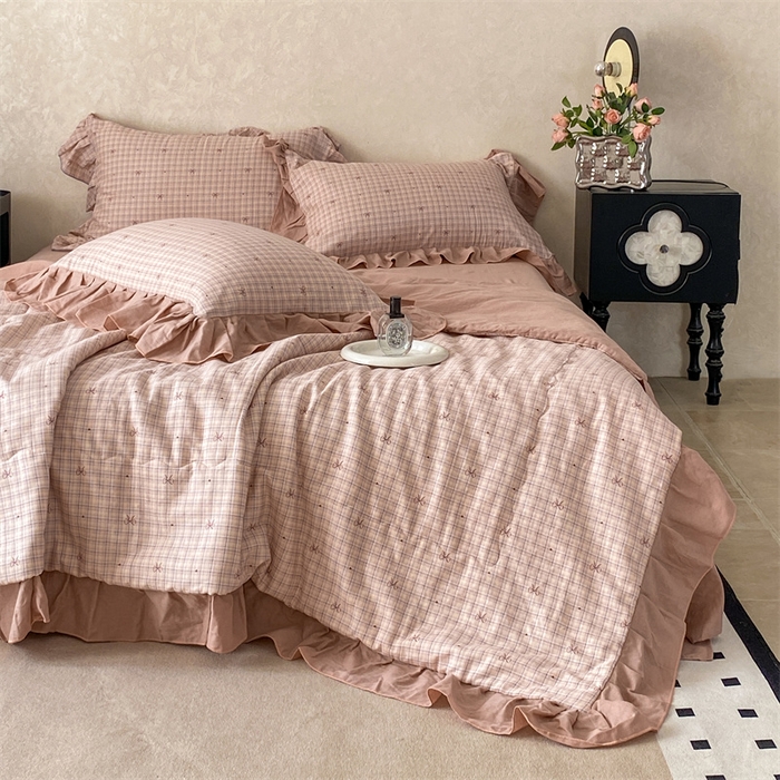 91家纺网 家纺一手货源 找家纺 2025新款全棉双层纱多功能夏被四件套 蝴蝶结