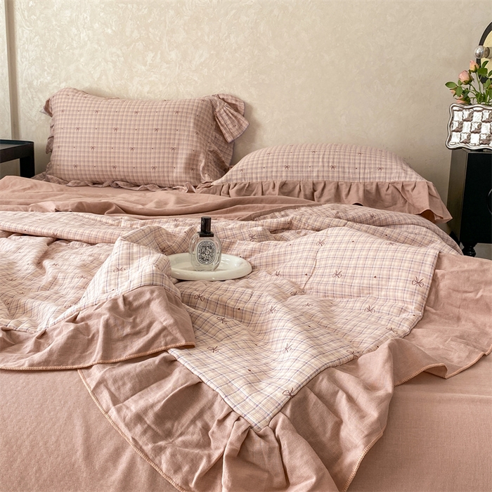 91家纺网 家纺一手货源 找家纺 2025新款全棉双层纱多功能夏被四件套 蝴蝶结