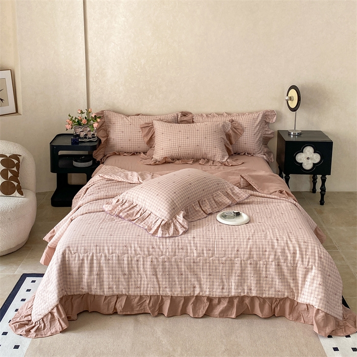 91家纺网 家纺一手货源 找家纺 2025新款全棉双层纱多功能夏被四件套 蝴蝶结