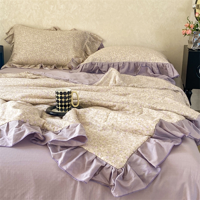 91家纺网 家纺一手货源 找家纺 2025新款全棉双层纱多功能夏被四件套 紫苏