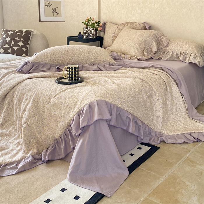 91家纺网 家纺一手货源 找家纺 2025新款全棉双层纱多功能夏被四件套 紫苏