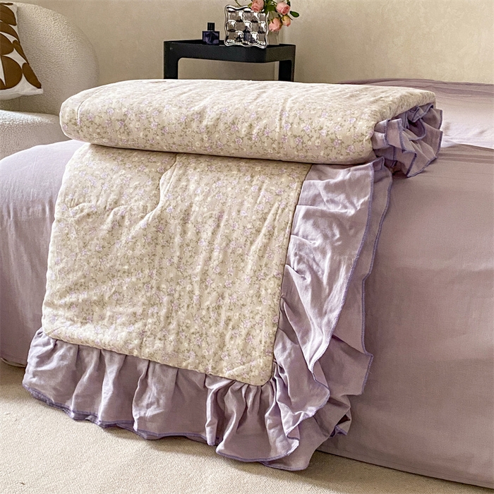 91家纺网 家纺一手货源 找家纺 2025新款全棉双层纱多功能夏被四件套 紫苏