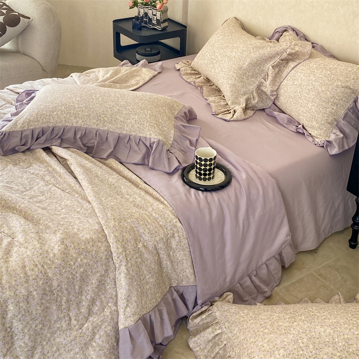 91家纺网 家纺一手货源 找家纺 2025新款全棉双层纱多功能夏被四件套 紫苏