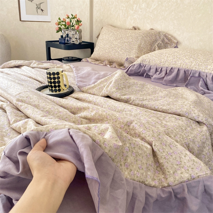91家纺网 家纺一手货源 找家纺 2025新款全棉双层纱多功能夏被四件套 紫苏