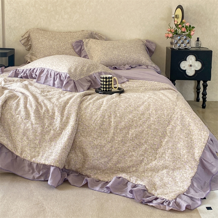 91家纺网 家纺一手货源 找家纺 2025新款全棉双层纱多功能夏被四件套 紫苏