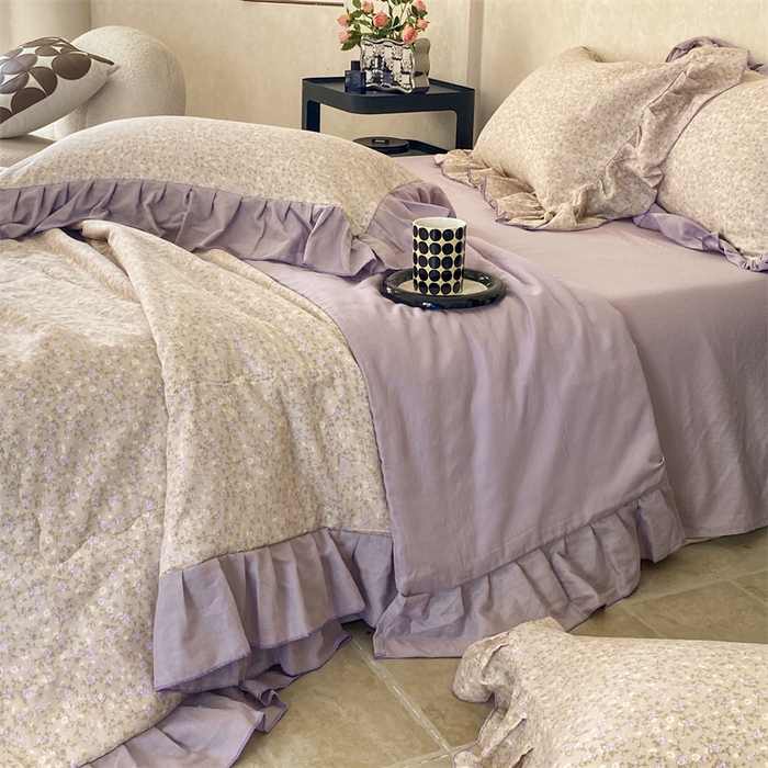 91家纺网 家纺一手货源 找家纺 2025新款全棉双层纱多功能夏被四件套 紫苏