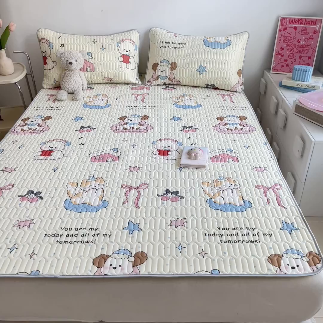 91家纺网 家纺一手货源 找家纺 沐慕 2025新款高克重小清新乳胶凉席-风格二 猫女郎