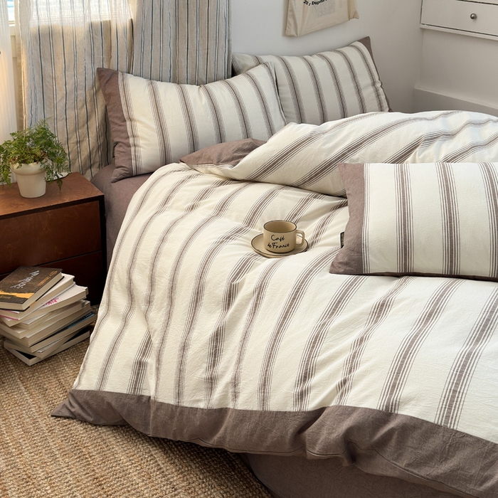 91家纺网 家纺一手货源 找家纺 娜娜 2025新款A类全棉色织水洗棉四件套 罗马系列-条纹咖