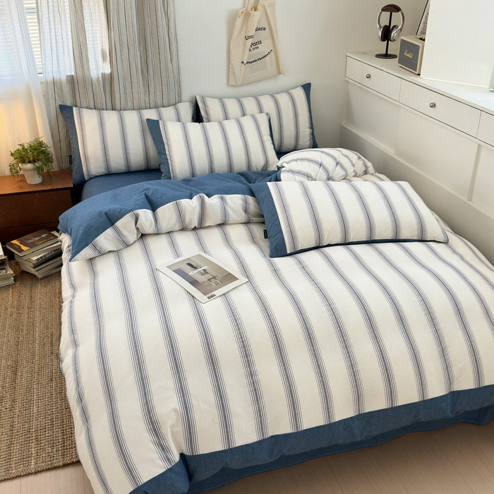 91家纺网 家纺一手货源 找家纺 娜娜 2025新款A类全棉色织水洗棉四件套 罗马系列-深蓝