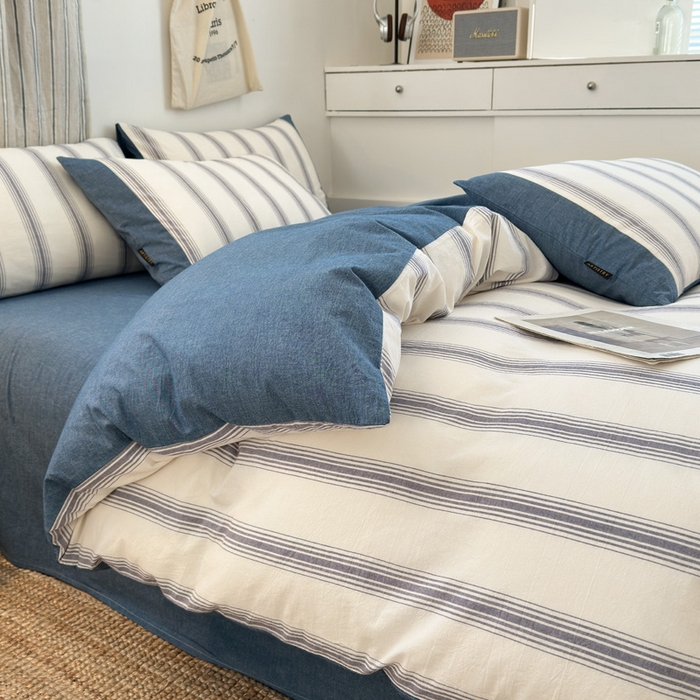 91家纺网 家纺一手货源 找家纺 娜娜 2025新款A类全棉色织水洗棉四件套 罗马系列-深蓝