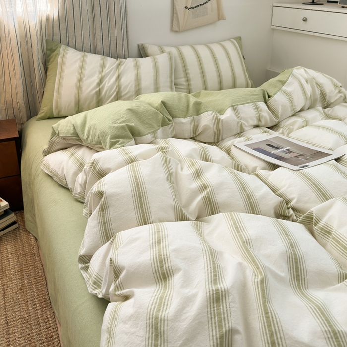 91家纺网 家纺一手货源 找家纺 娜娜 2025新款A类全棉色织水洗棉四件套 罗马系列-条纹绿