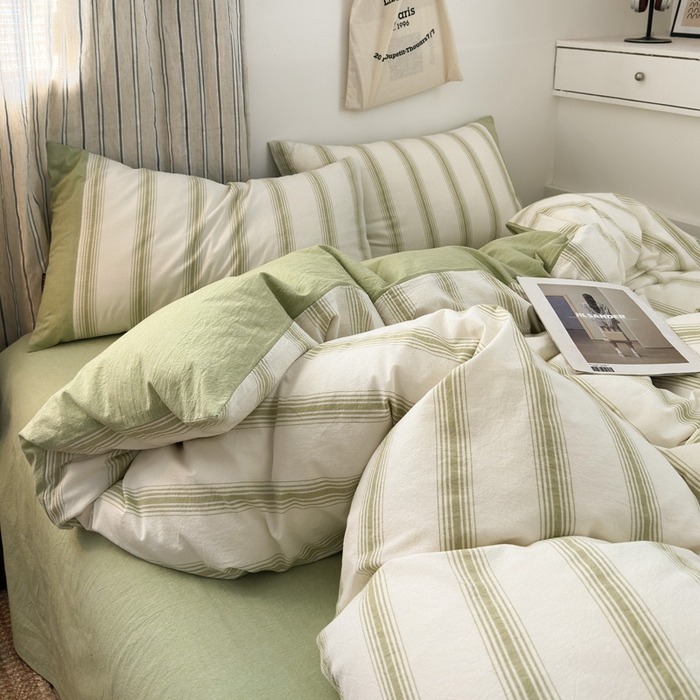 91家纺网 家纺一手货源 找家纺 娜娜 2025新款A类全棉色织水洗棉四件套 罗马系列-条纹绿