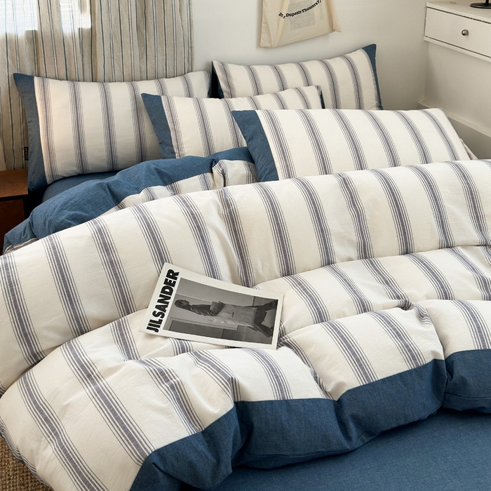 91家纺网 家纺一手货源 找家纺 娜娜 2025新款A类全棉色织水洗棉四件套 罗马系列-深蓝