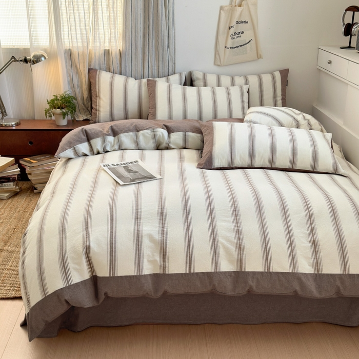 91家纺网 家纺一手货源 找家纺 娜娜 2025新款A类全棉色织水洗棉四件套 罗马系列-条纹咖